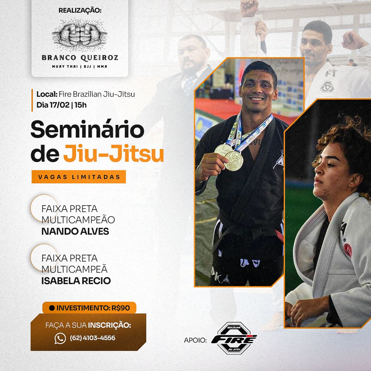 Faixas-Pretas multicampeões Nando Alves e Isabela Recio comandarão seminário de jiu-jítsu em Goiânia