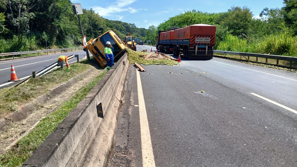 Carreta carregada com laranjas tomba na BR-050, em Araguari